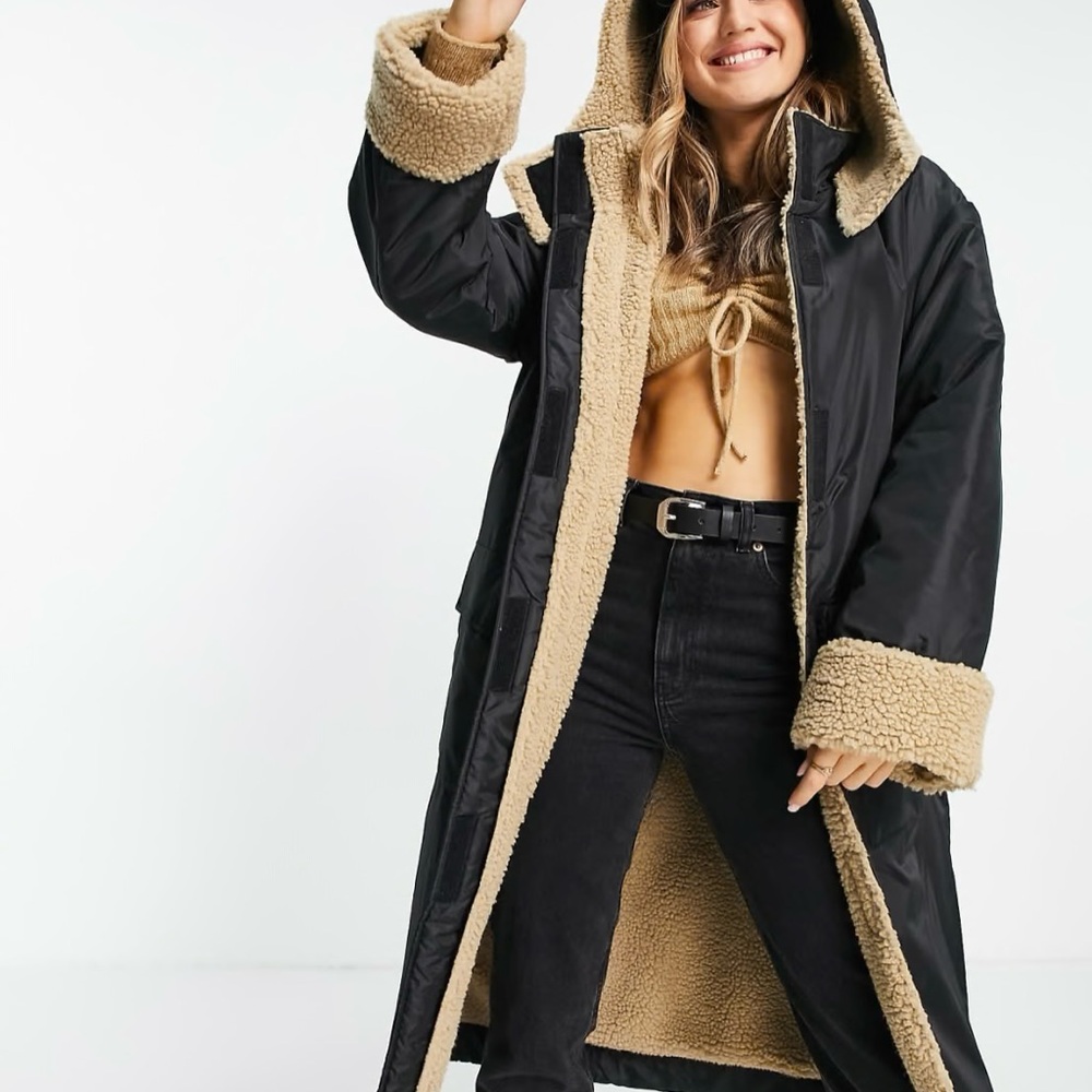 ASOS DESIGN borg fleece lined oversized maxi rain coat in black